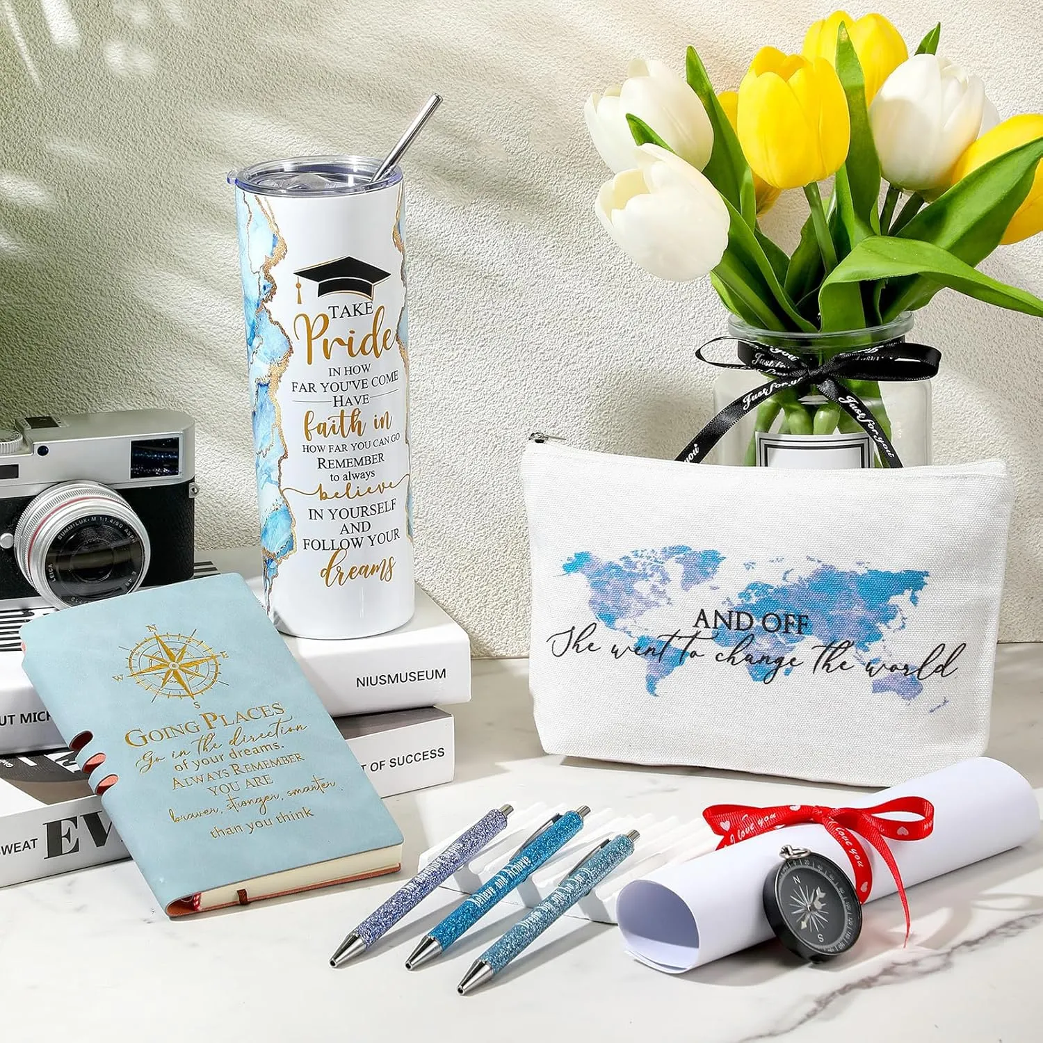 Domensi 6 Pcs Class of 2025 Graduation Gifts for Her Women Blue 20 oz Tumbler Makeup Bag Journal Ballpoint Pen Inspirational Graduation Gifts Set for College High School Daughter Sister Friend