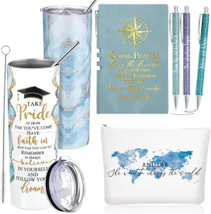 Domensi 6 Pcs Class of 2025 Graduation Gifts for Her Women Blue 20 oz Tumbler Makeup Bag Journal Ballpoint Pen Inspirational Graduation Gifts Set for College High School Daughter Sister Friend