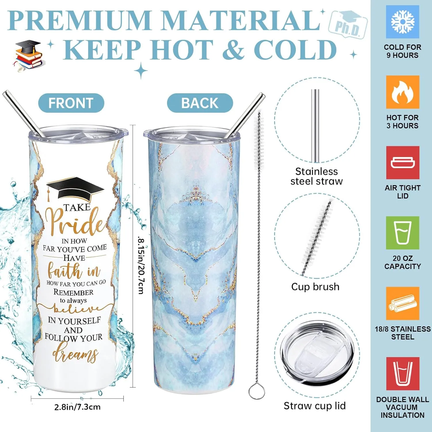 Domensi 6 Pcs Class of 2025 Graduation Gifts for Her Women Blue 20 oz Tumbler Makeup Bag Journal Ballpoint Pen Inspirational Graduation Gifts Set for College High School Daughter Sister Friend
