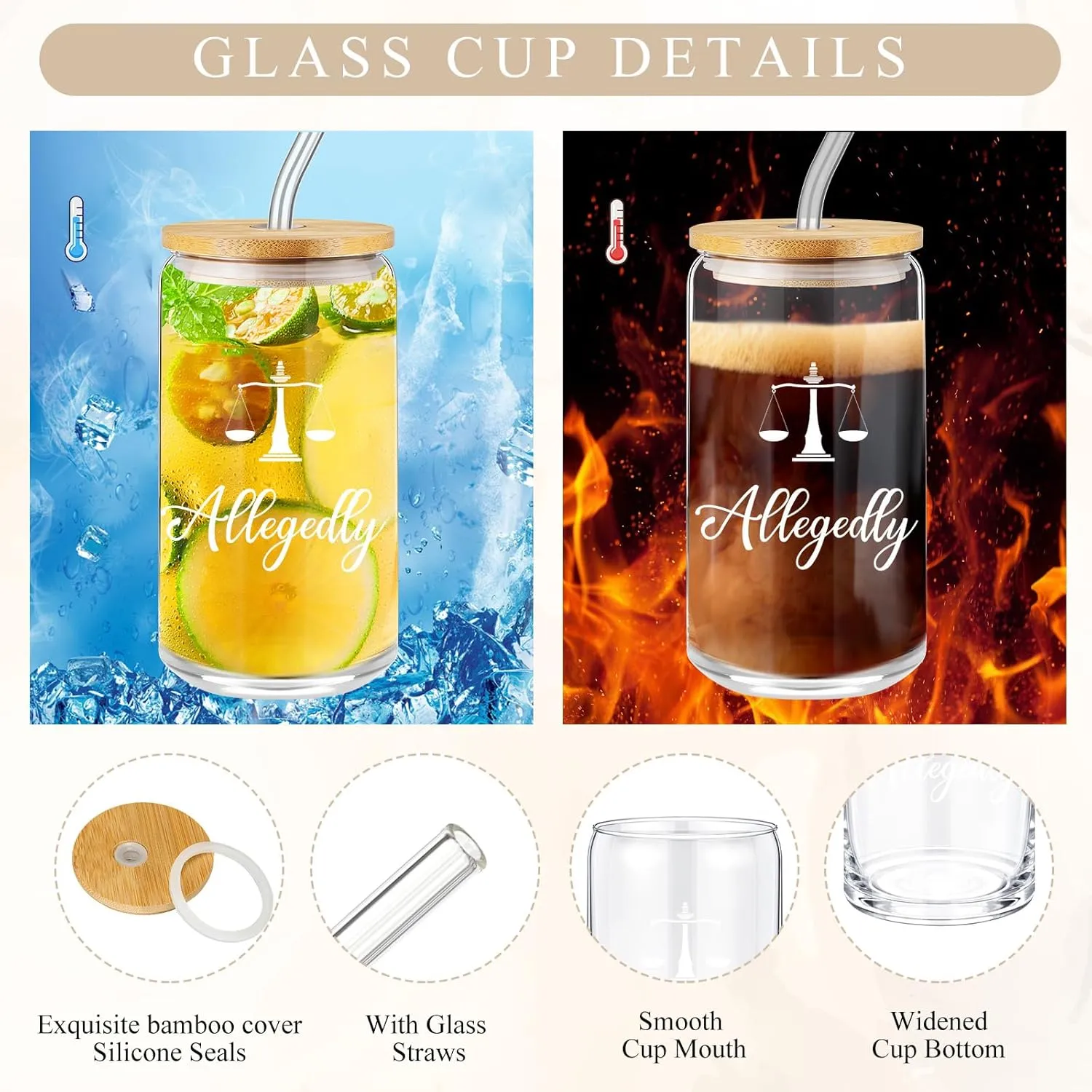 Domensi 6 Pcs Funny Allegedly Lawyer Gift for Women 2025 Graduation Judge Thank You Gift 16 oz Glass Cup Tumbler Makeup Bag Notepad Ballpoint for Paralegal Attorney Law Student Appreciation(Black)