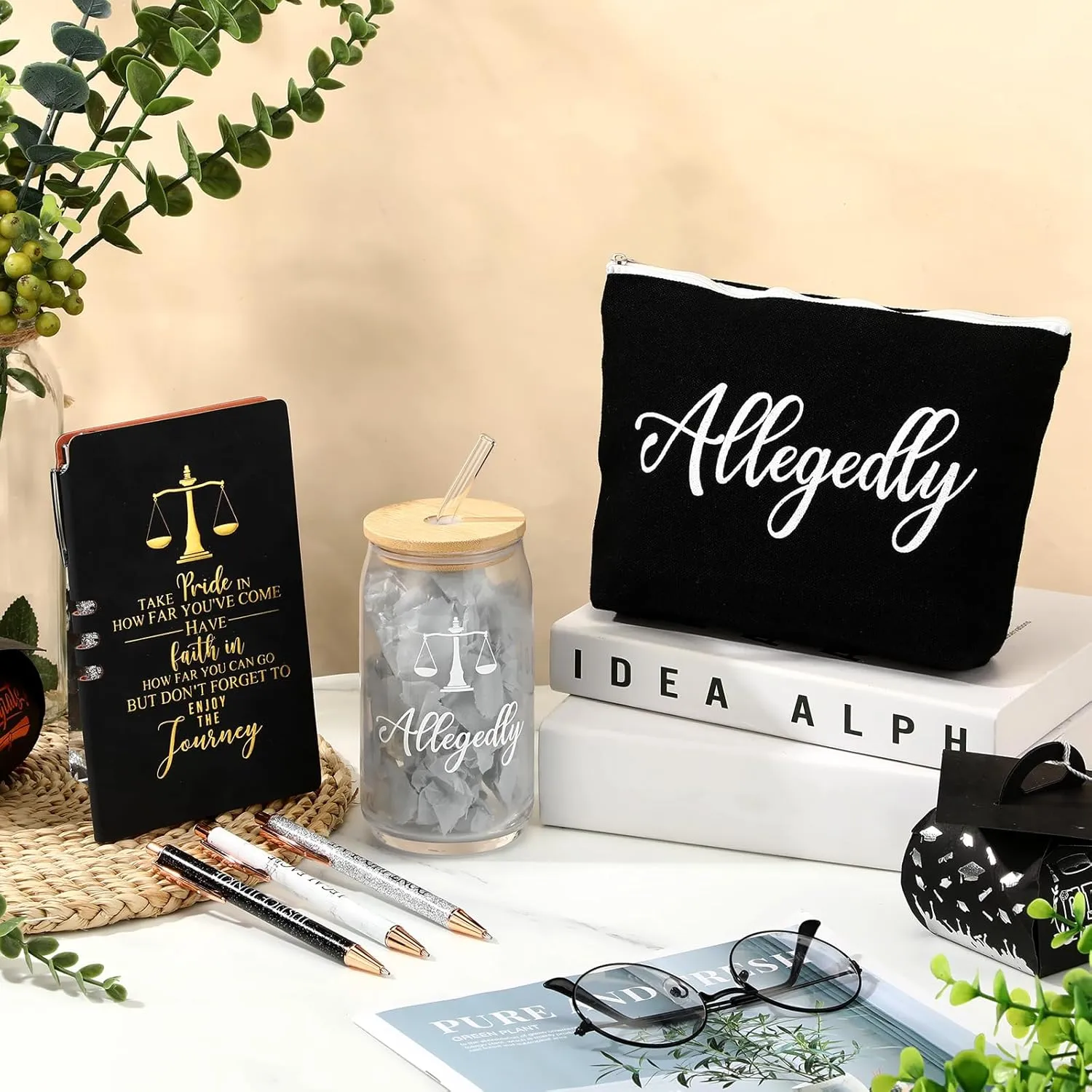 Domensi 6 Pcs Funny Allegedly Lawyer Gift for Women 2025 Graduation Judge Thank You Gift 16 oz Glass Cup Tumbler Makeup Bag Notepad Ballpoint for Paralegal Attorney Law Student Appreciation(Black)