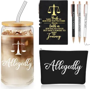 Domensi 6 Pcs Funny Allegedly Lawyer Gift for Women 2025 Graduation Judge Thank You Gift 16 oz Glass Cup Tumbler Makeup Bag Notepad Ballpoint for Paralegal Attorney Law Student Appreciation(Black)
