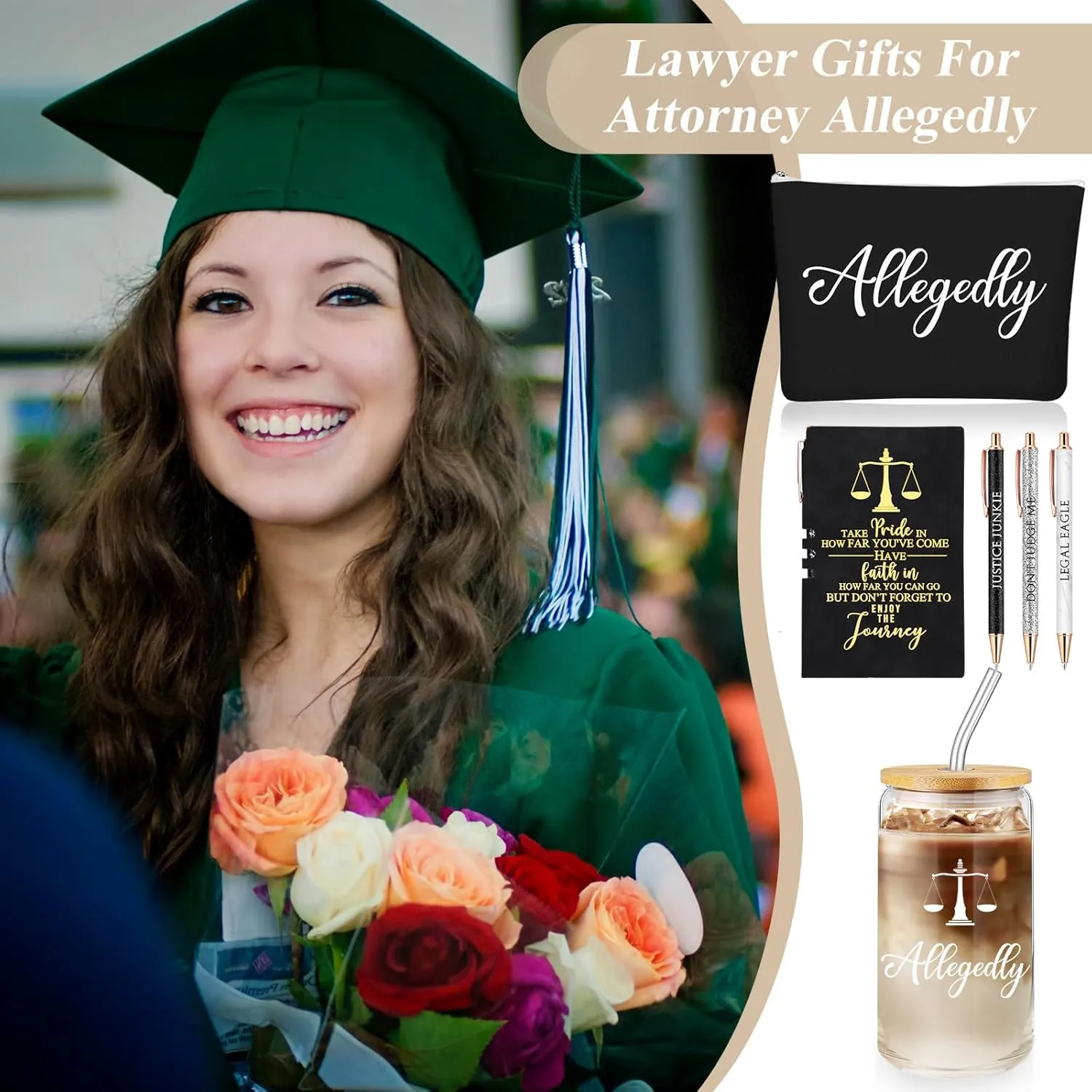 Domensi 6 Pcs Funny Allegedly Lawyer Gift for Women 2025 Graduation Judge Thank You Gift 16 oz Glass Cup Tumbler Makeup Bag Notepad Ballpoint for Paralegal Attorney Law Student Appreciation(Black)