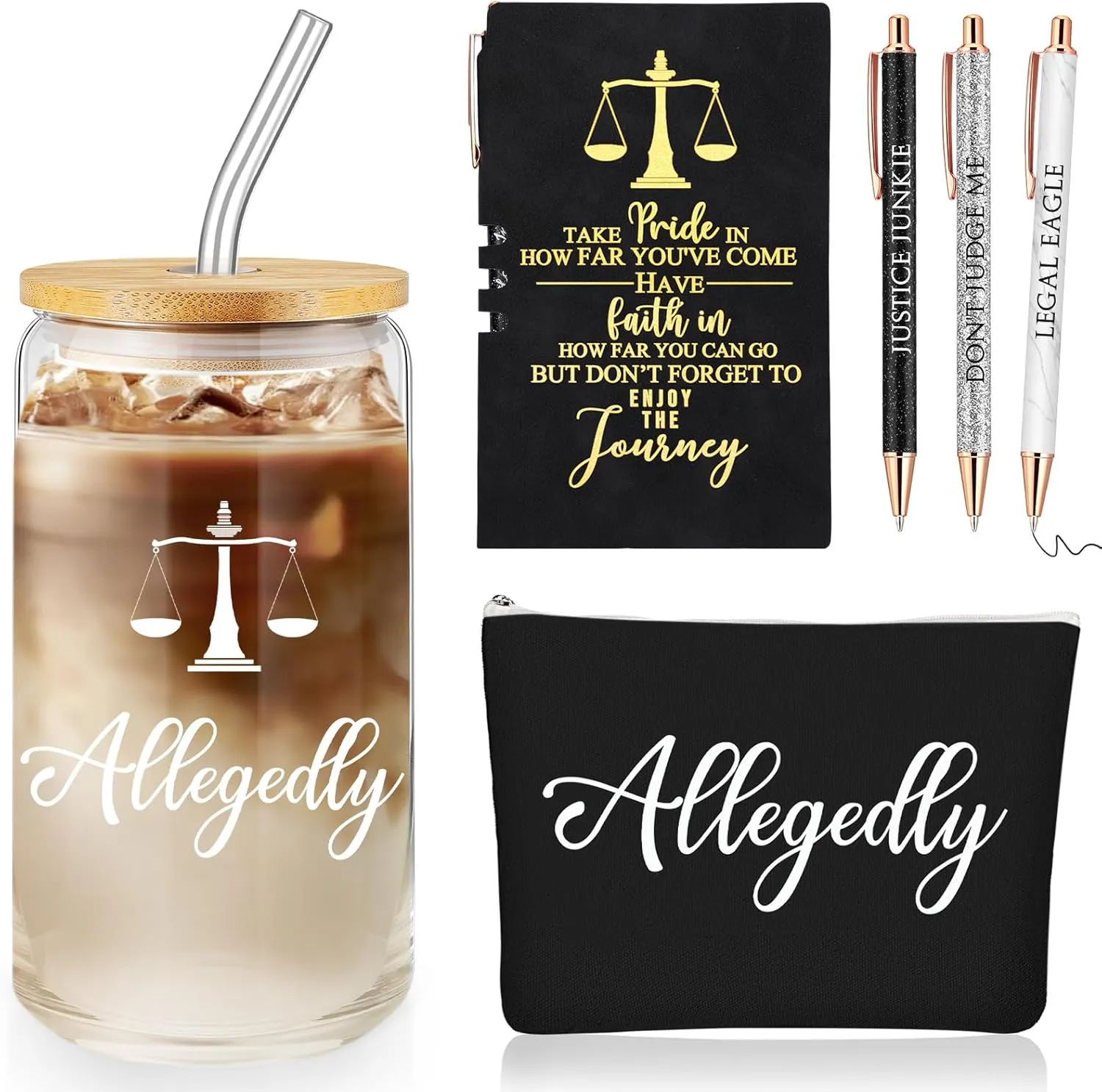 Domensi 6 Pcs Funny Allegedly Lawyer Gift for Women 2025 Graduation Judge Thank You Gift 16 oz Glass Cup Tumbler Makeup Bag Notepad Ballpoint for Paralegal Attorney Law Student Appreciation(Black)