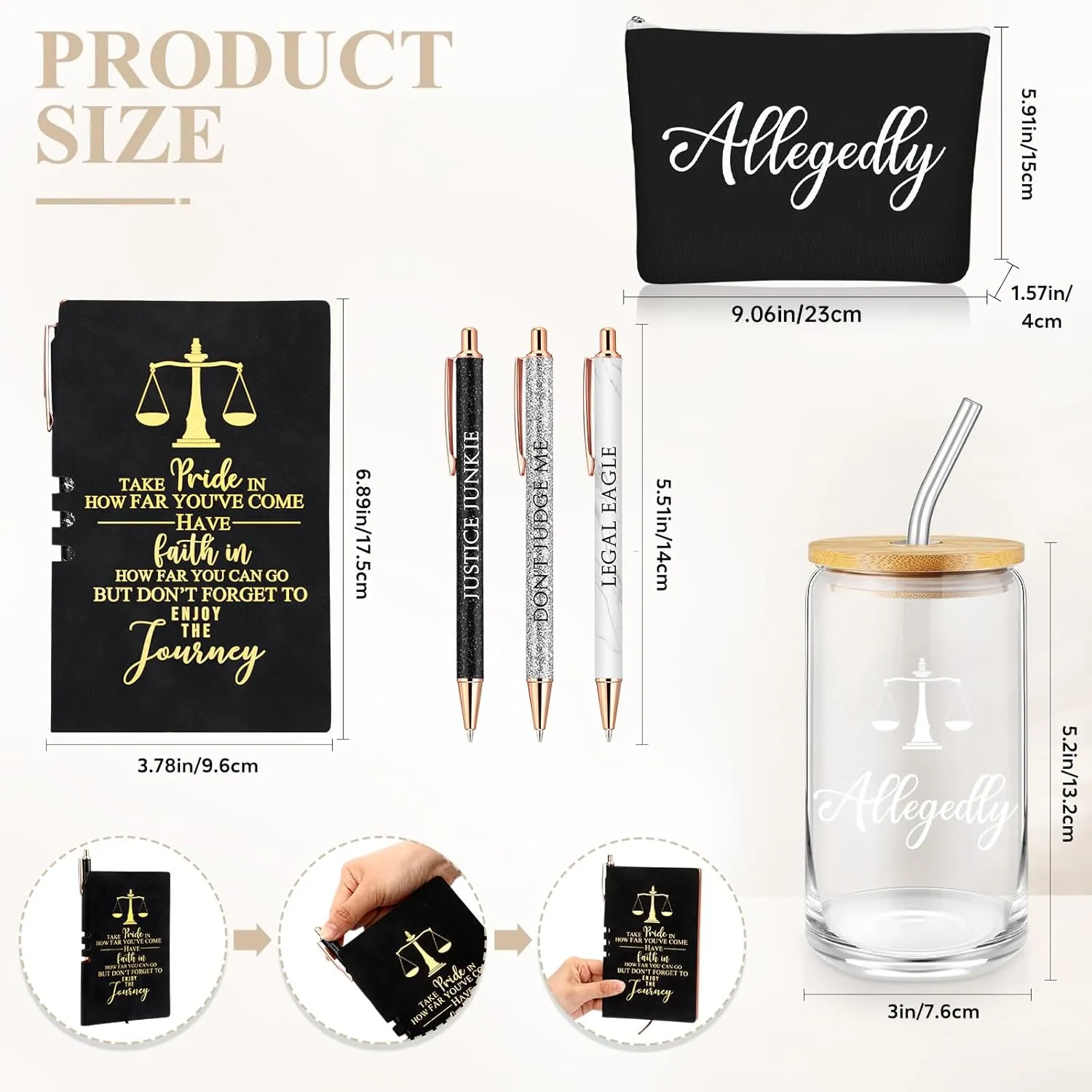 Domensi 6 Pcs Funny Allegedly Lawyer Gift for Women 2025 Graduation Judge Thank You Gift 16 oz Glass Cup Tumbler Makeup Bag Notepad Ballpoint for Paralegal Attorney Law Student Appreciation(Black)