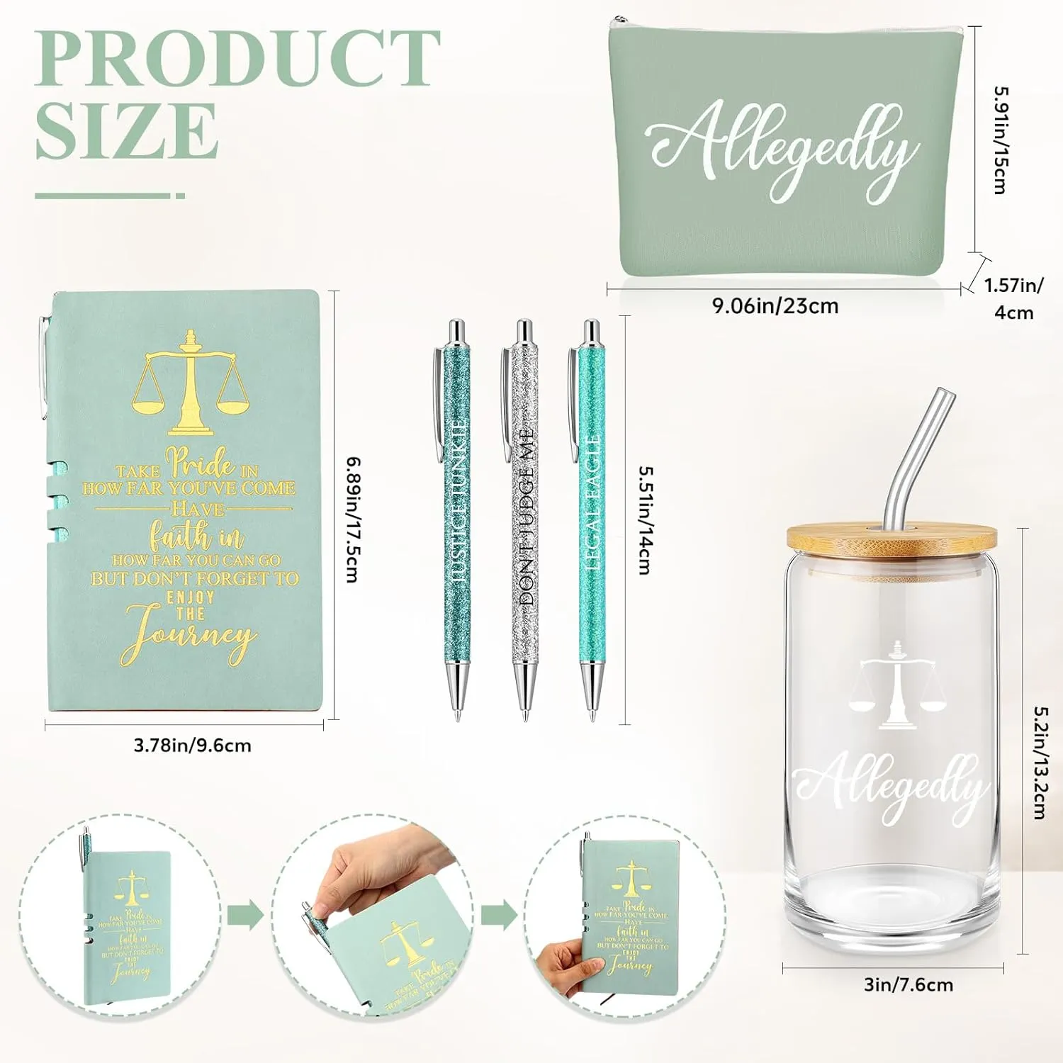 Domensi 6 Pcs Funny Allegedly Lawyer Gift for Women 2025 Graduation Judge Thank You Gift 16 oz Glass Cup Tumbler Makeup Bag Notepad Ballpoint for Paralegal Attorney Law Student Appreciation(Green)