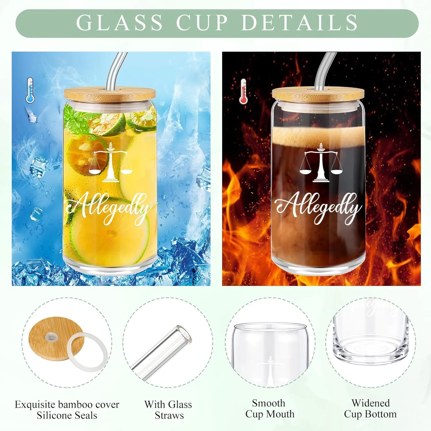 Domensi 6 Pcs Funny Allegedly Lawyer Gift for Women 2025 Graduation Judge Thank You Gift 16 oz Glass Cup Tumbler Makeup Bag Notepad Ballpoint for Paralegal Attorney Law Student Appreciation(Green)