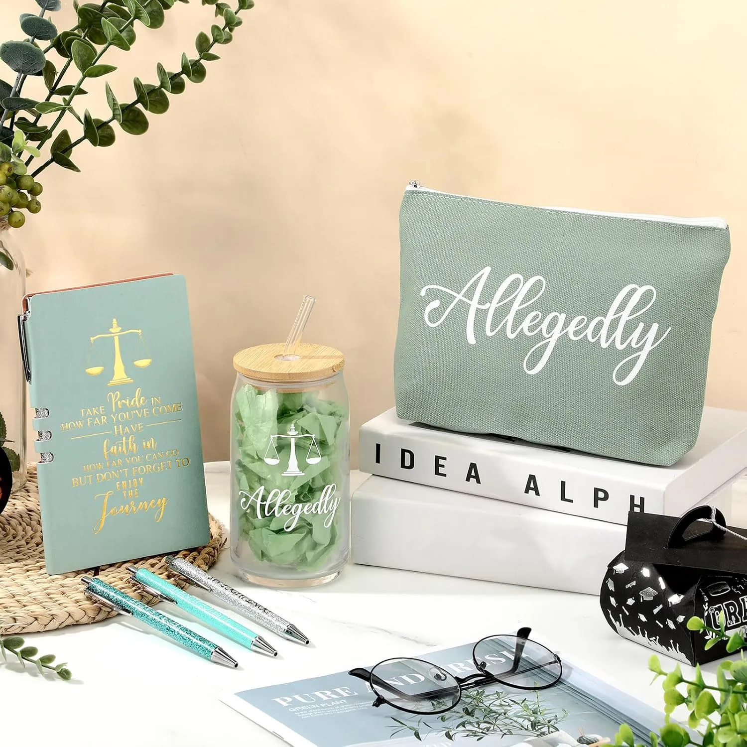 Domensi 6 Pcs Funny Allegedly Lawyer Gift for Women 2025 Graduation Judge Thank You Gift 16 oz Glass Cup Tumbler Makeup Bag Notepad Ballpoint for Paralegal Attorney Law Student Appreciation(Green)