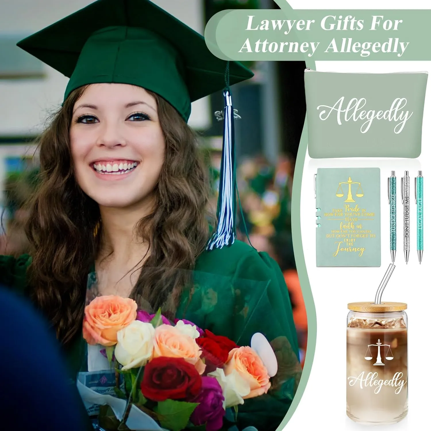 Domensi 6 Pcs Funny Allegedly Lawyer Gift for Women 2025 Graduation Judge Thank You Gift 16 oz Glass Cup Tumbler Makeup Bag Notepad Ballpoint for Paralegal Attorney Law Student Appreciation(Green)