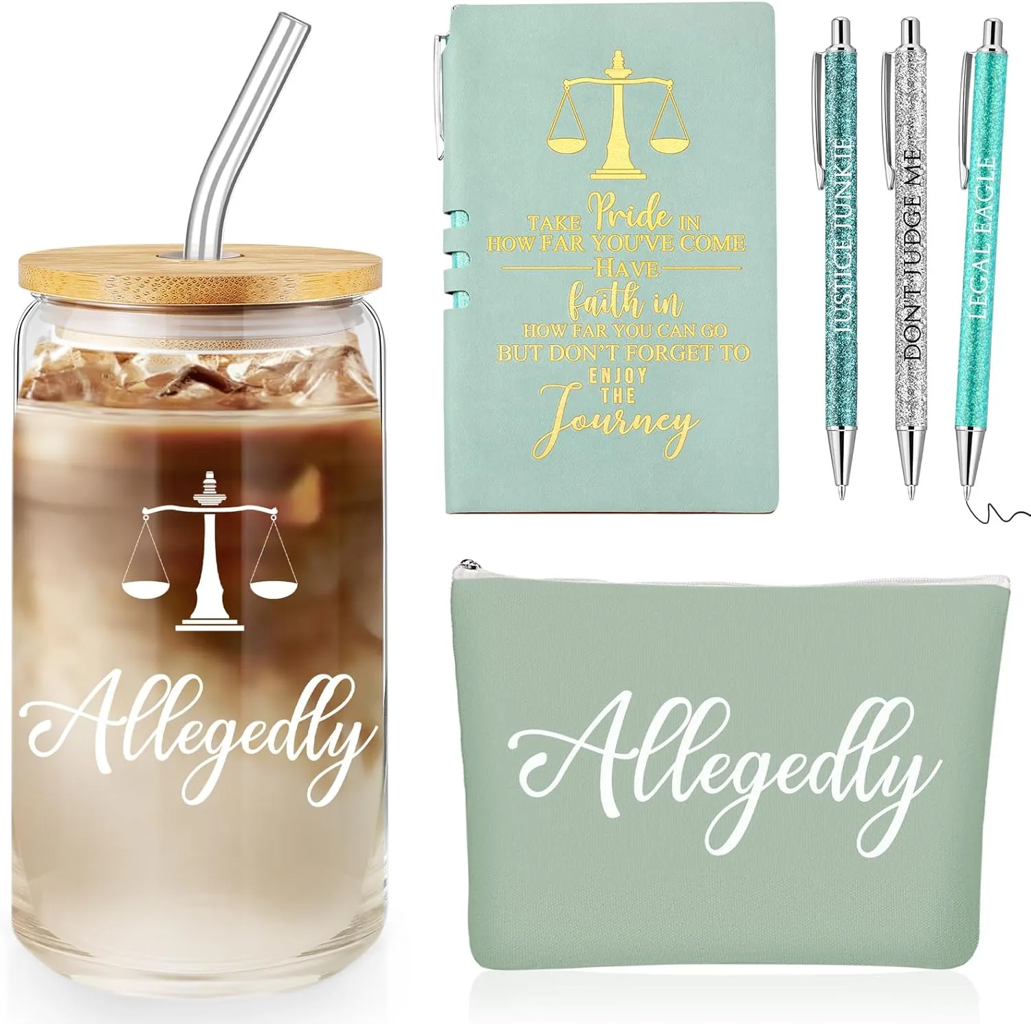 Domensi 6 Pcs Funny Allegedly Lawyer Gift for Women 2025 Graduation Judge Thank You Gift 16 oz Glass Cup Tumbler Makeup Bag Notepad Ballpoint for Paralegal Attorney Law Student Appreciation(Green)