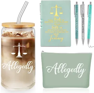Domensi 6 Pcs Funny Allegedly Lawyer Gift for Women 2025 Graduation Judge Thank You Gift 16 oz Glass Cup Tumbler Makeup Bag Notepad Ballpoint for Paralegal Attorney Law Student Appreciation(Green)