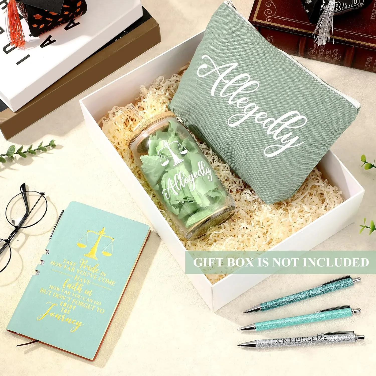 Domensi 6 Pcs Funny Allegedly Lawyer Gift for Women 2025 Graduation Judge Thank You Gift 16 oz Glass Cup Tumbler Makeup Bag Notepad Ballpoint for Paralegal Attorney Law Student Appreciation(Green)