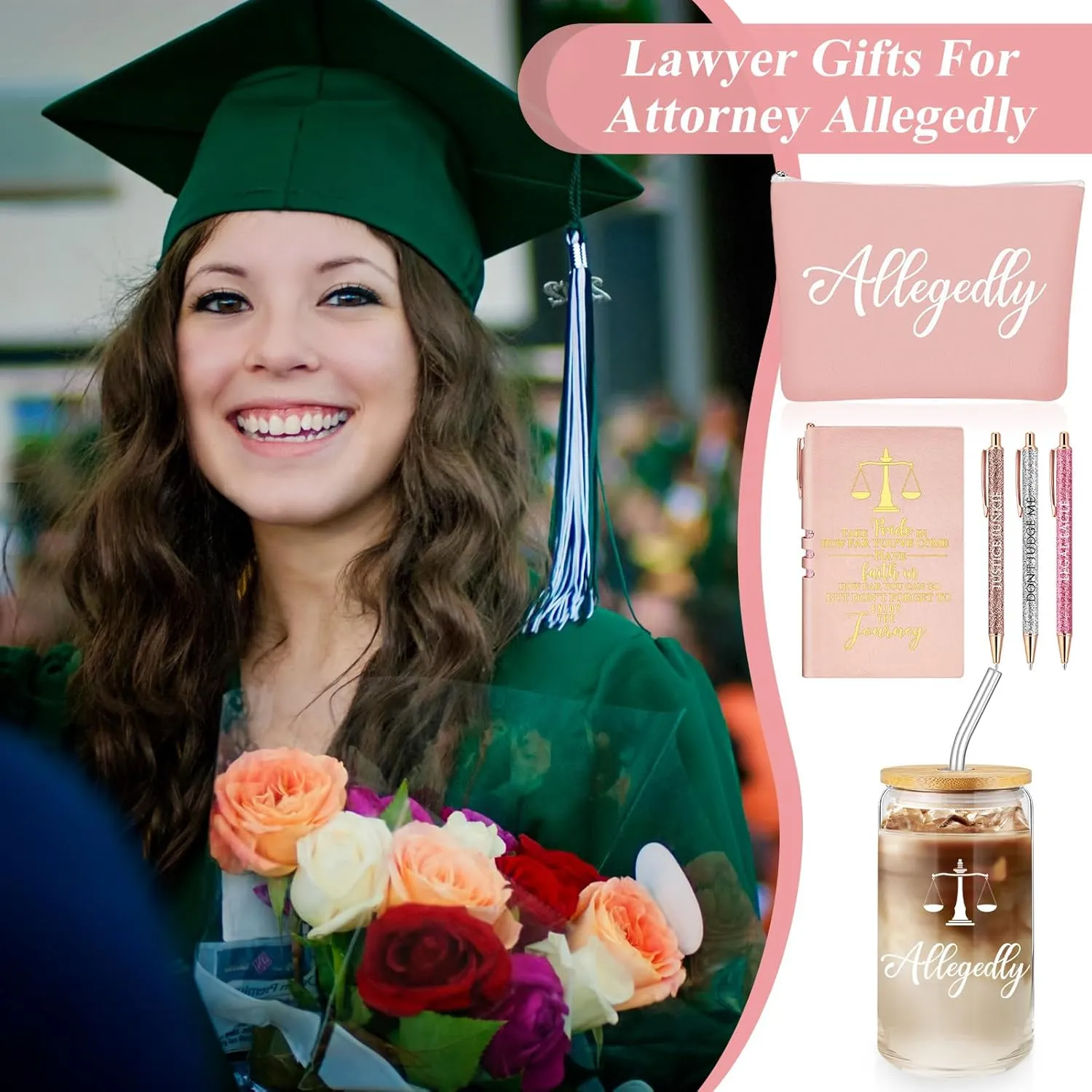 Domensi 6 Pcs Funny Allegedly Lawyer Gift for Women 2025 Graduation Judge Thank You Gift 16 oz Glass Cup Tumbler Makeup Bag Notepad Ballpoint for Paralegal Attorney Law Student Appreciation(Pink)