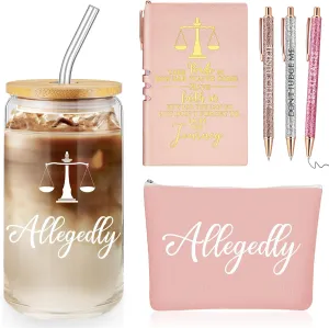 Domensi 6 Pcs Funny Allegedly Lawyer Gift for Women 2025 Graduation Judge Thank You Gift 16 oz Glass Cup Tumbler Makeup Bag Notepad Ballpoint for Paralegal Attorney Law Student Appreciation(Pink)