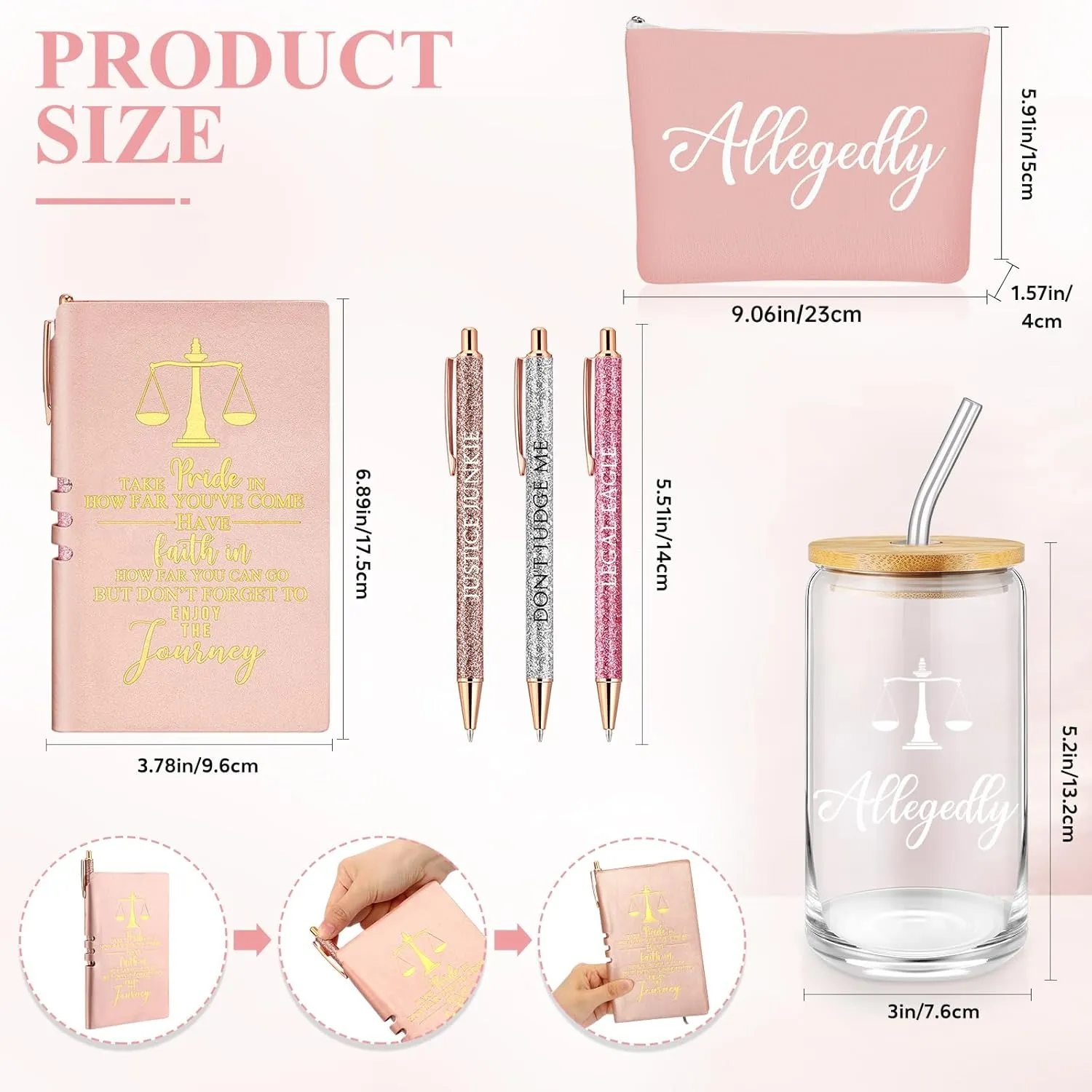 Domensi 6 Pcs Funny Allegedly Lawyer Gift for Women 2025 Graduation Judge Thank You Gift 16 oz Glass Cup Tumbler Makeup Bag Notepad Ballpoint for Paralegal Attorney Law Student Appreciation(Pink)
