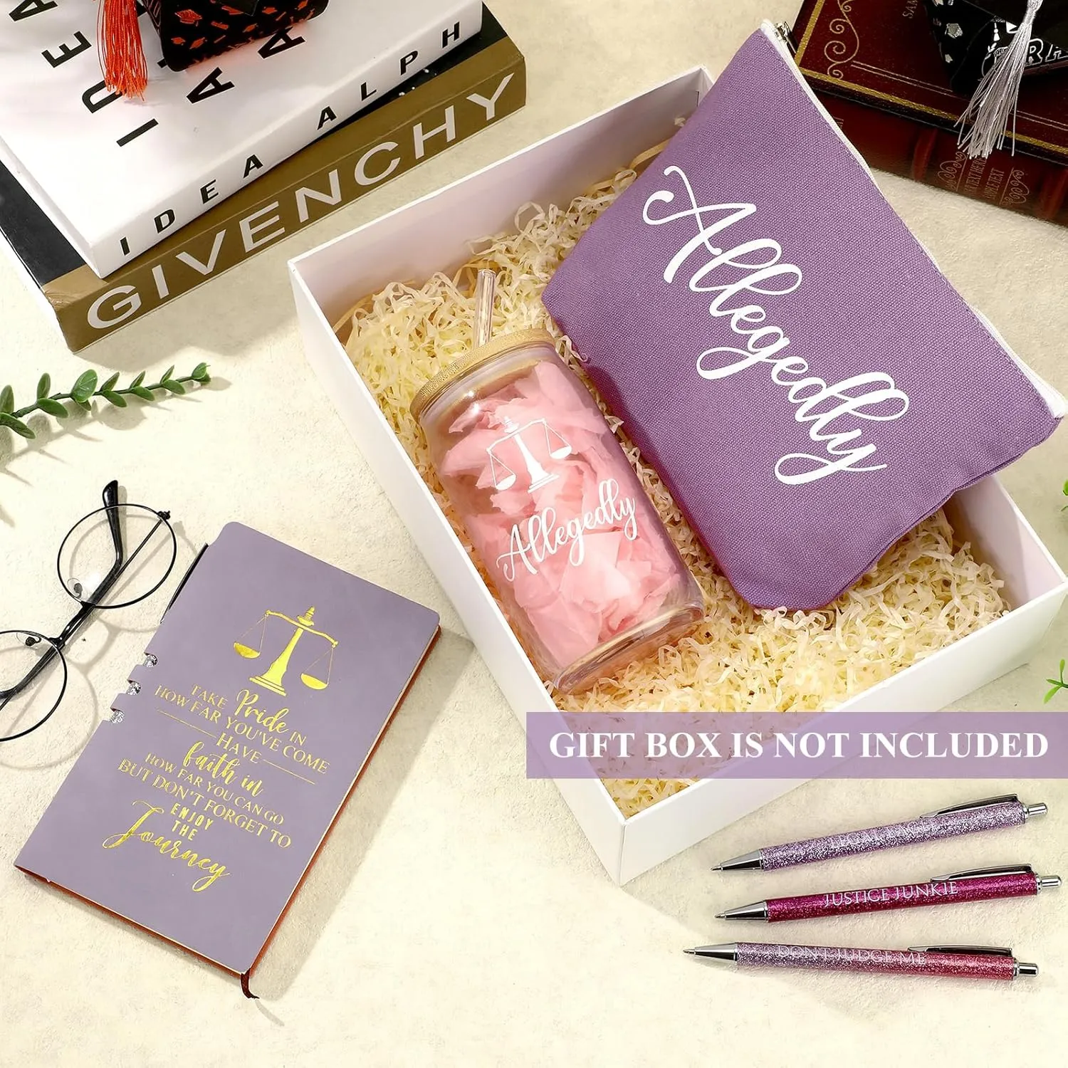 Domensi 6 Pcs Funny Allegedly Lawyer Gift for Women 2025 Graduation Judge Thank You Gift 16 oz Glass Cup Tumbler Makeup Bag Notepad Ballpoint for Paralegal Attorney Law Student Appreciation(Purple)