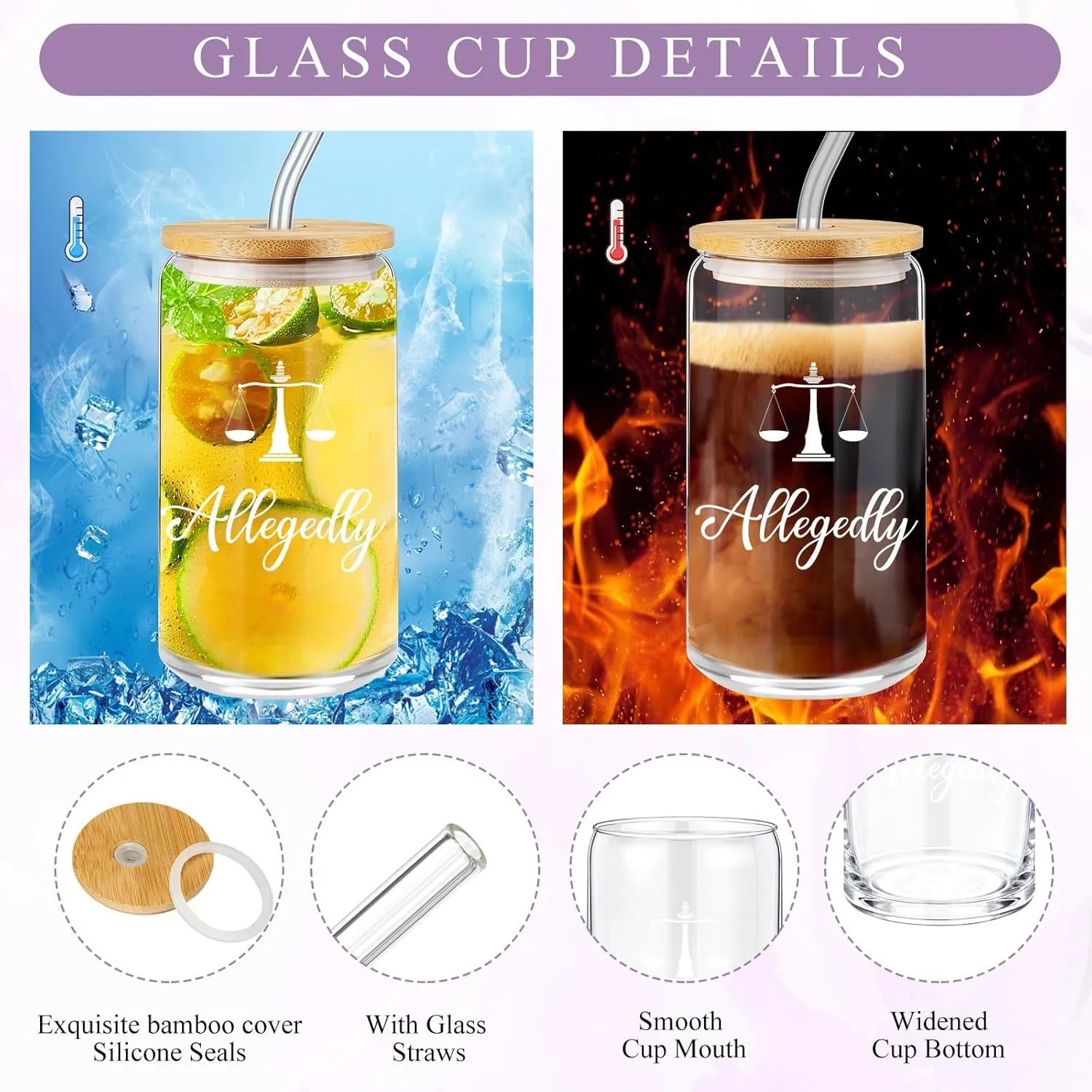 Domensi 6 Pcs Funny Allegedly Lawyer Gift for Women 2025 Graduation Judge Thank You Gift 16 oz Glass Cup Tumbler Makeup Bag Notepad Ballpoint for Paralegal Attorney Law Student Appreciation(Purple)