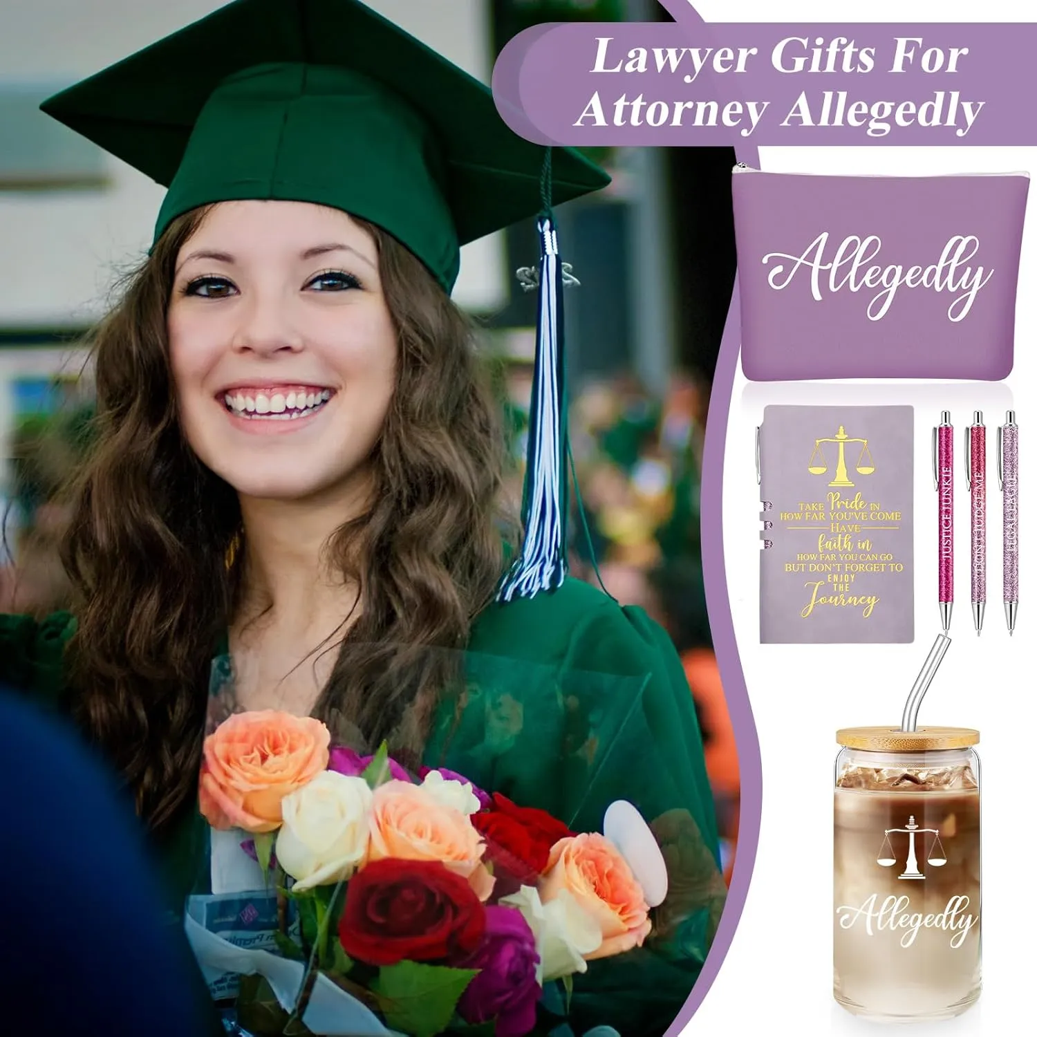Domensi 6 Pcs Funny Allegedly Lawyer Gift for Women 2025 Graduation Judge Thank You Gift 16 oz Glass Cup Tumbler Makeup Bag Notepad Ballpoint for Paralegal Attorney Law Student Appreciation(Purple)