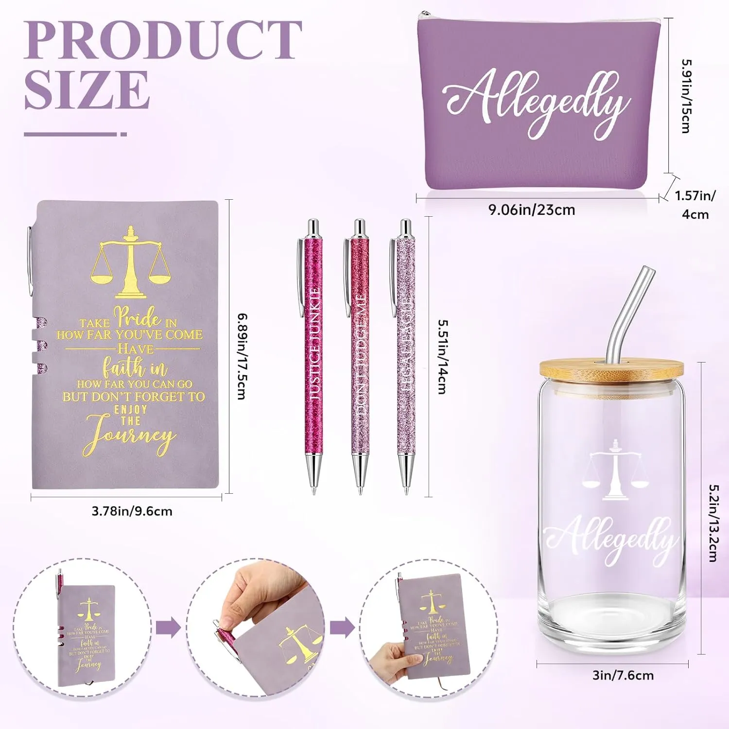 Domensi 6 Pcs Funny Allegedly Lawyer Gift for Women 2025 Graduation Judge Thank You Gift 16 oz Glass Cup Tumbler Makeup Bag Notepad Ballpoint for Paralegal Attorney Law Student Appreciation(Purple)