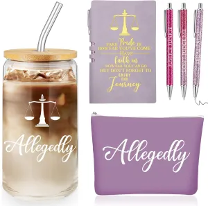 Domensi 6 Pcs Funny Allegedly Lawyer Gift for Women 2025 Graduation Judge Thank You Gift 16 oz Glass Cup Tumbler Makeup Bag Notepad Ballpoint for Paralegal Attorney Law Student Appreciation(Purple)