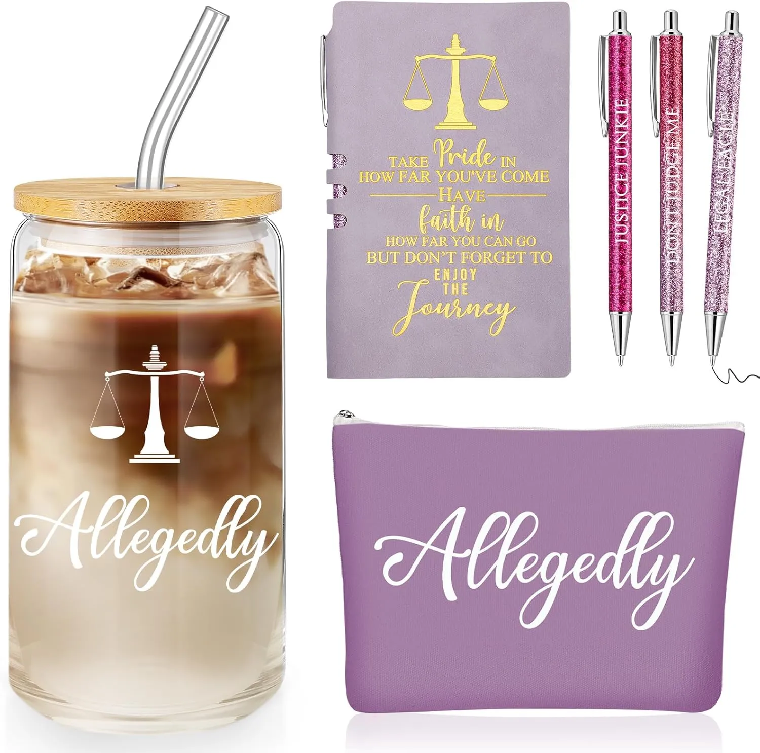 Domensi 6 Pcs Funny Allegedly Lawyer Gift for Women 2025 Graduation Judge Thank You Gift 16 oz Glass Cup Tumbler Makeup Bag Notepad Ballpoint for Paralegal Attorney Law Student Appreciation(Purple)
