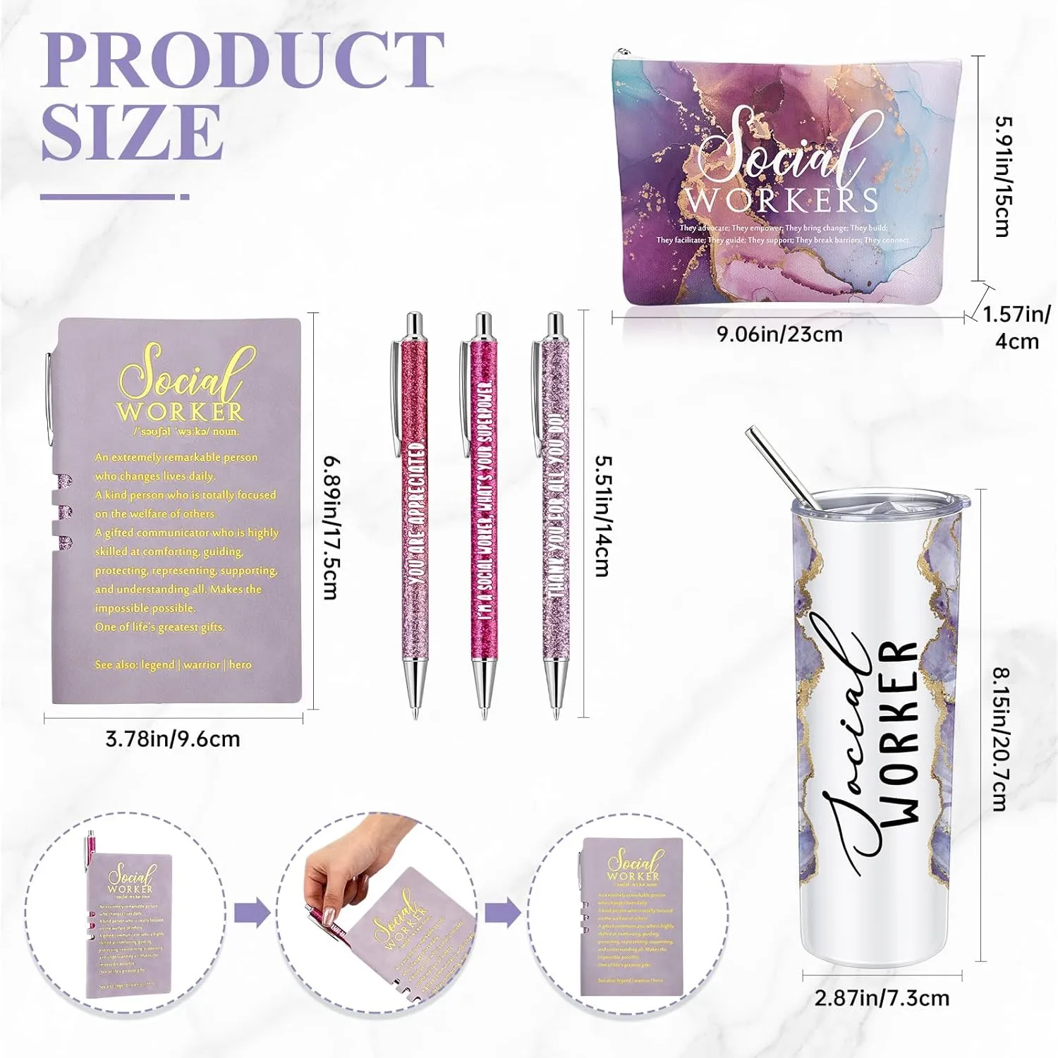 Domensi 6 Pcs Social Worker Appreciation Gifts for Women Include 20oz Tumbler Makeup Bag A6 Leather Notebook with Ballpoint Pens Graduation School Social Worker Gift for Boss Professor Office(Purple)
