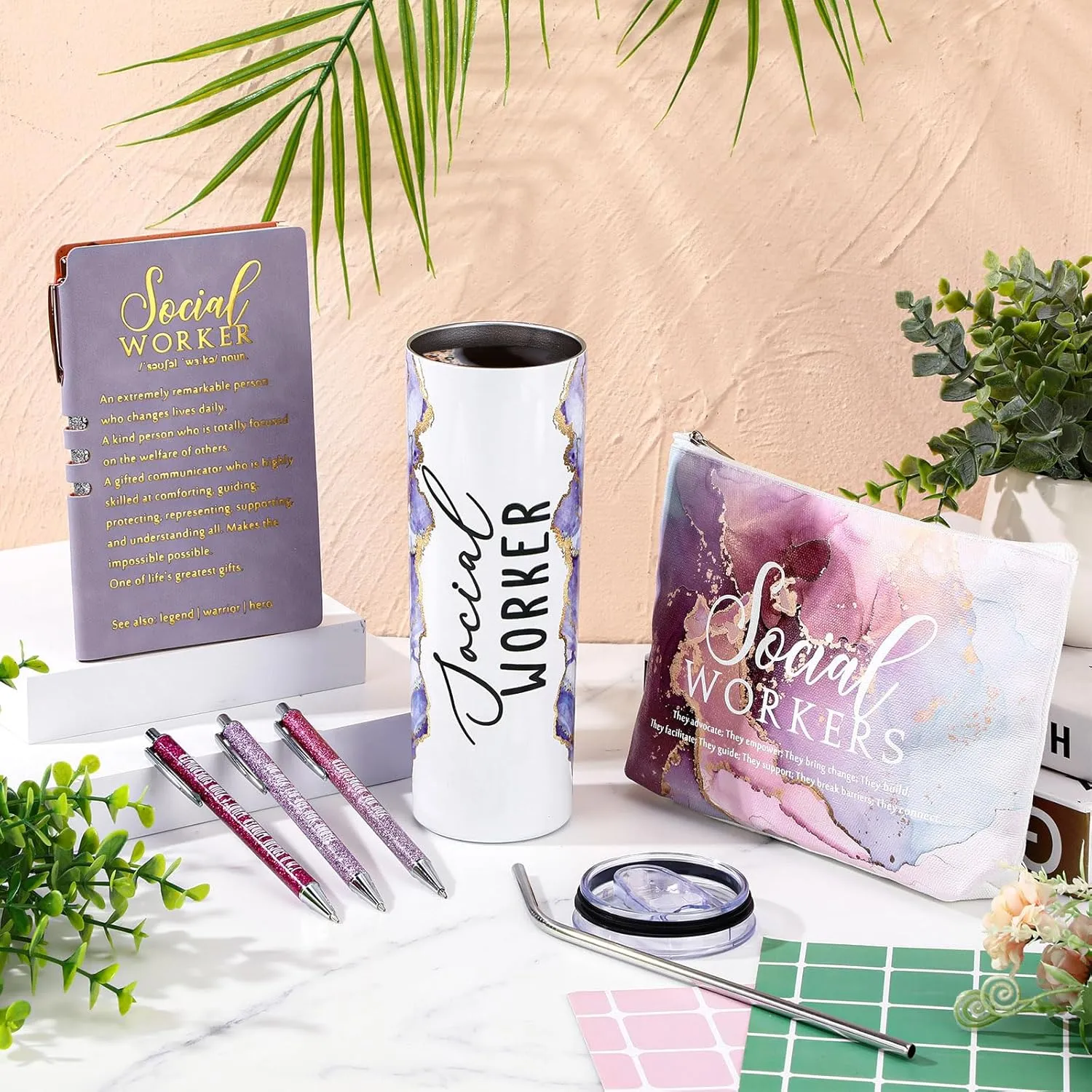 Domensi 6 Pcs Social Worker Appreciation Gifts for Women Include 20oz Tumbler Makeup Bag A6 Leather Notebook with Ballpoint Pens Graduation School Social Worker Gift for Boss Professor Office(Purple)