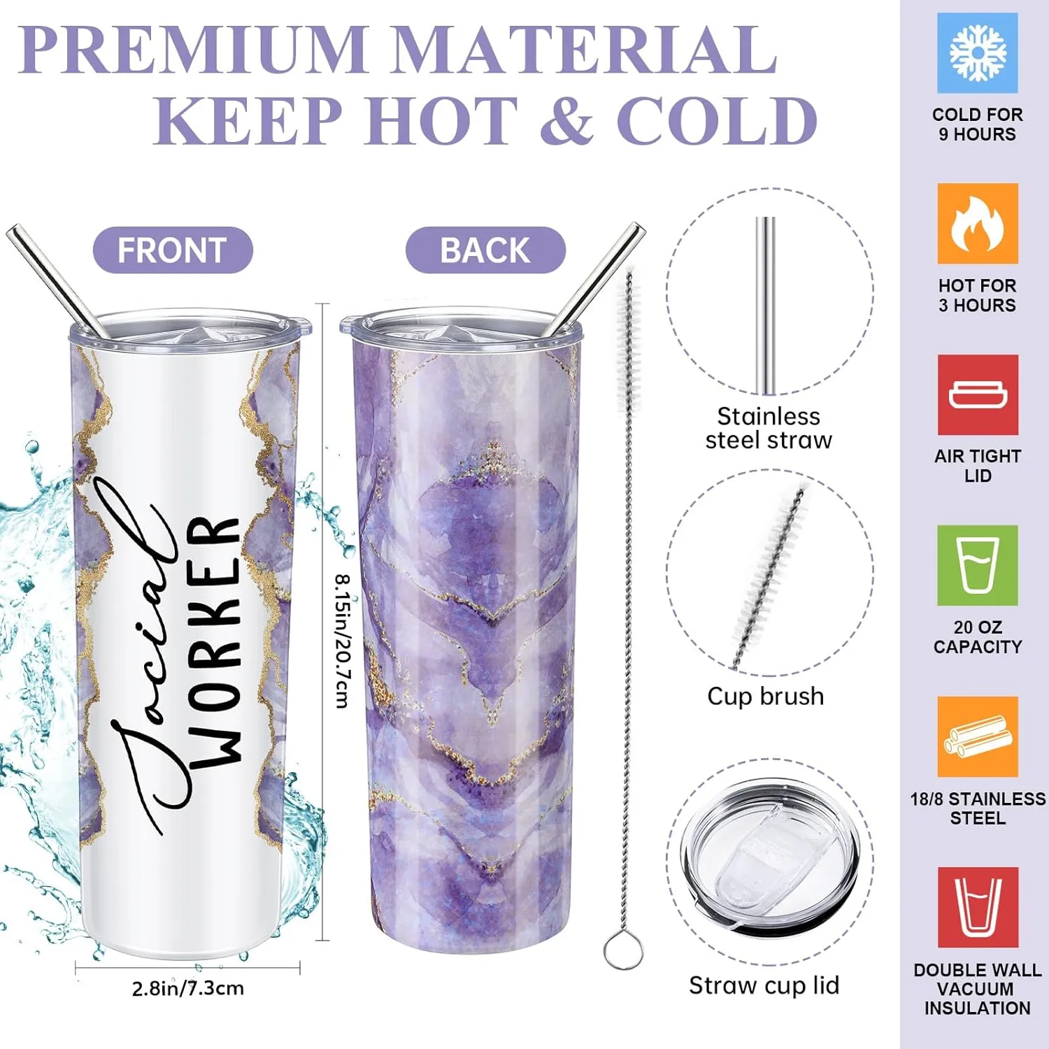 Domensi 6 Pcs Social Worker Appreciation Gifts for Women Include 20oz Tumbler Makeup Bag A6 Leather Notebook with Ballpoint Pens Graduation School Social Worker Gift for Boss Professor Office(Purple)