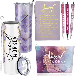Domensi 6 Pcs Social Worker Appreciation Gifts for Women Include 20oz Tumbler Makeup Bag A6 Leather Notebook with Ballpoint Pens Graduation School Social Worker Gift for Boss Professor Office(Purple)