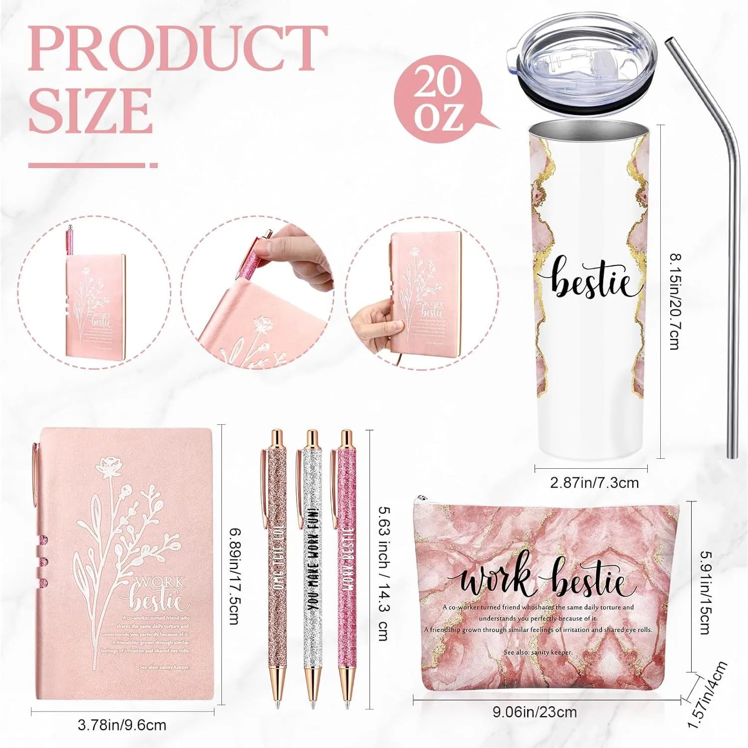 Domensi 6 Pcs Work Bestie Gifts for Women Appreciation Gifts for Coworkers 20 oz Tumbler Makeup Bag Leather Journal Ballpoint Pen Thank you Present for Work Bestie Female Leader(Pink)