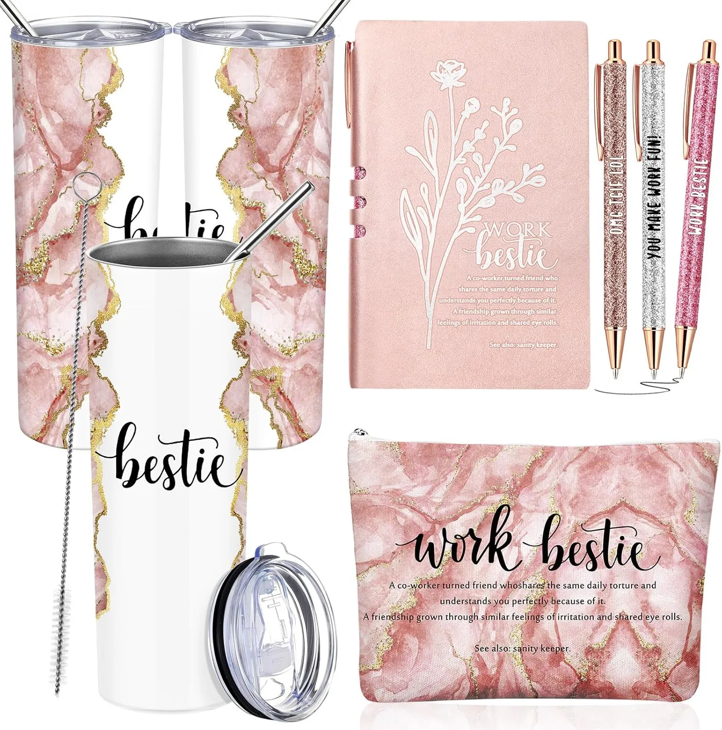 Domensi 6 Pcs Work Bestie Gifts for Women Appreciation Gifts for Coworkers 20 oz Tumbler Makeup Bag Leather Journal Ballpoint Pen Thank you Present for Work Bestie Female Leader(Pink)