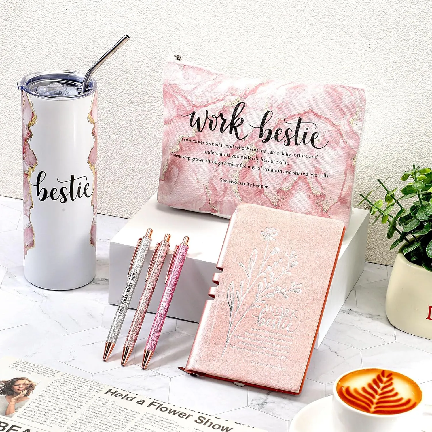 Domensi 6 Pcs Work Bestie Gifts for Women Appreciation Gifts for Coworkers 20 oz Tumbler Makeup Bag Leather Journal Ballpoint Pen Thank you Present for Work Bestie Female Leader(Pink)