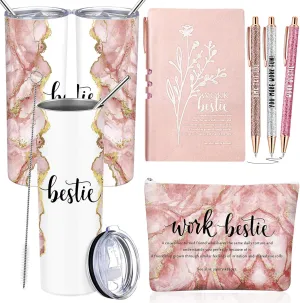 Domensi 6 Pcs Work Bestie Gifts for Women Appreciation Gifts for Coworkers 20 oz Tumbler Makeup Bag Leather Journal Ballpoint Pen Thank you Present for Work Bestie Female Leader(Pink)