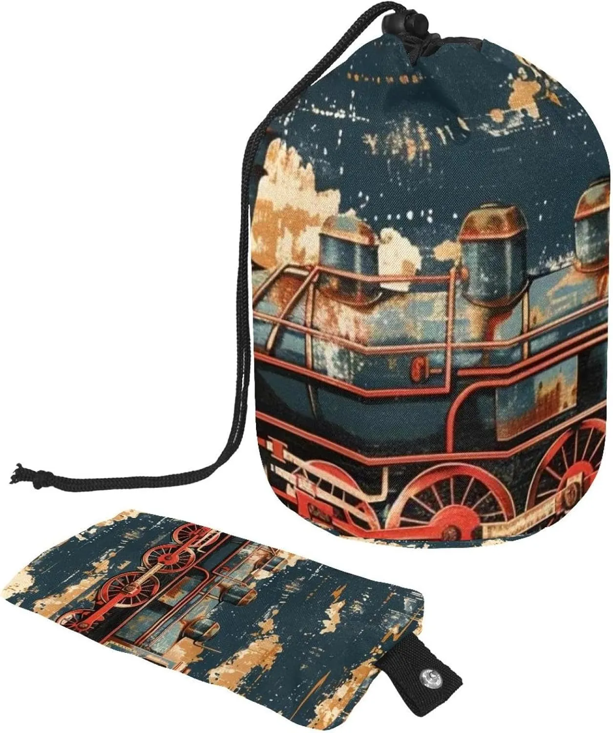 Drawstring Travel Cosmetic Bags Barrel Makeup Bag, Retro Distressed Steam Engine 56 Large Toiletry Organizer Waterproof for Women