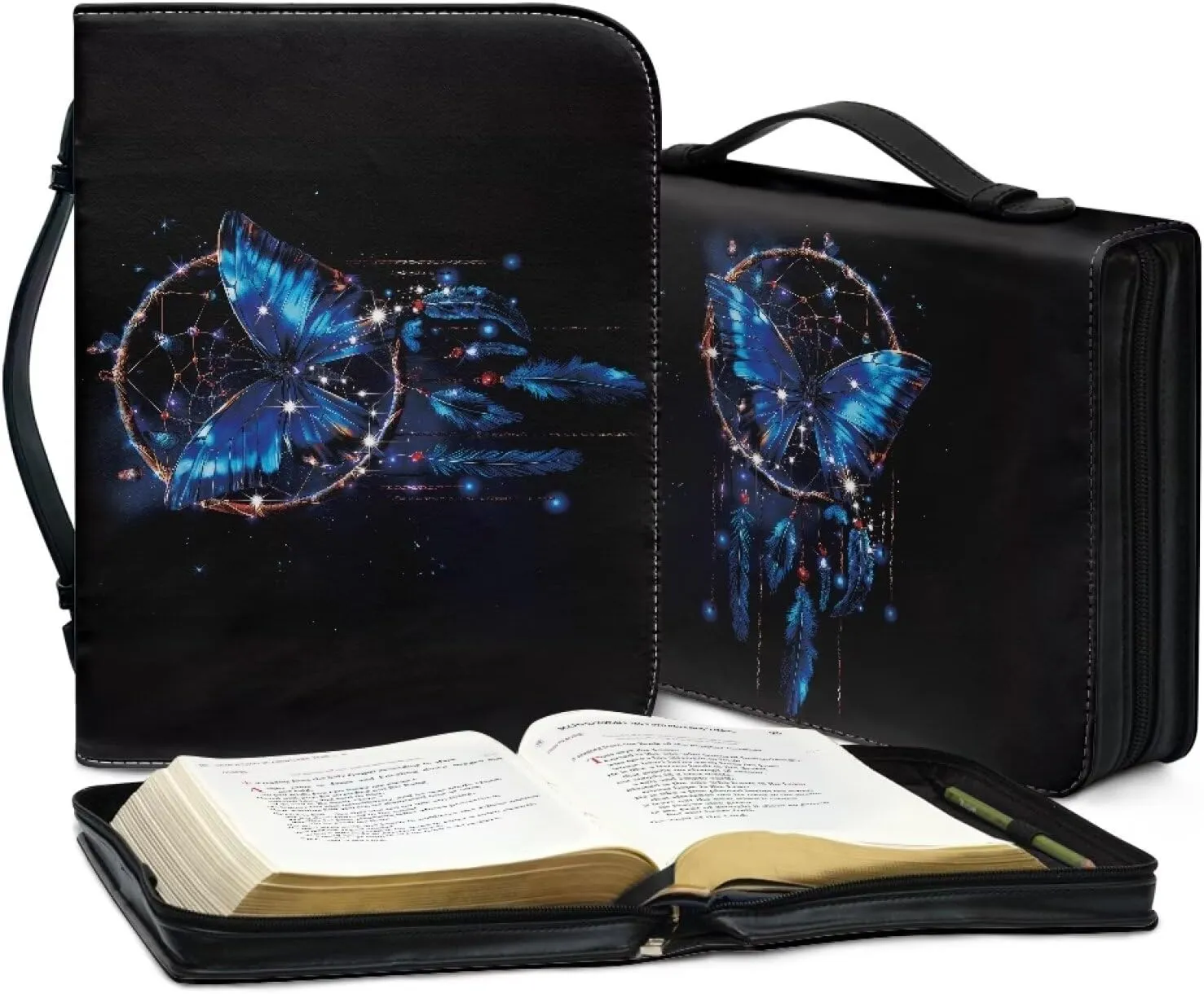 Dreamcatcher Butterfly Bible Cover Protective with Zippered Handle Worship Church Carring Bag for Women Men