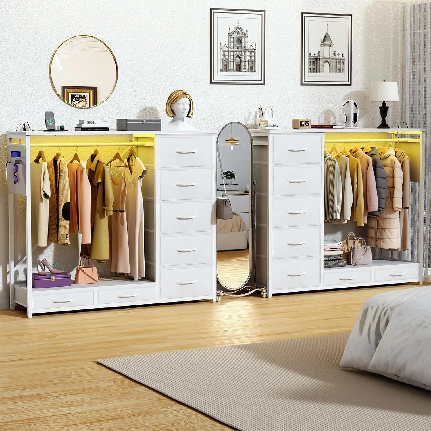 Dresser with Hanging Rack, Dresser for Bedroom with Led Lights and Charging Station, 7 Drawers Storage Chest with Hooks and Clothes Rack, Nursery White
