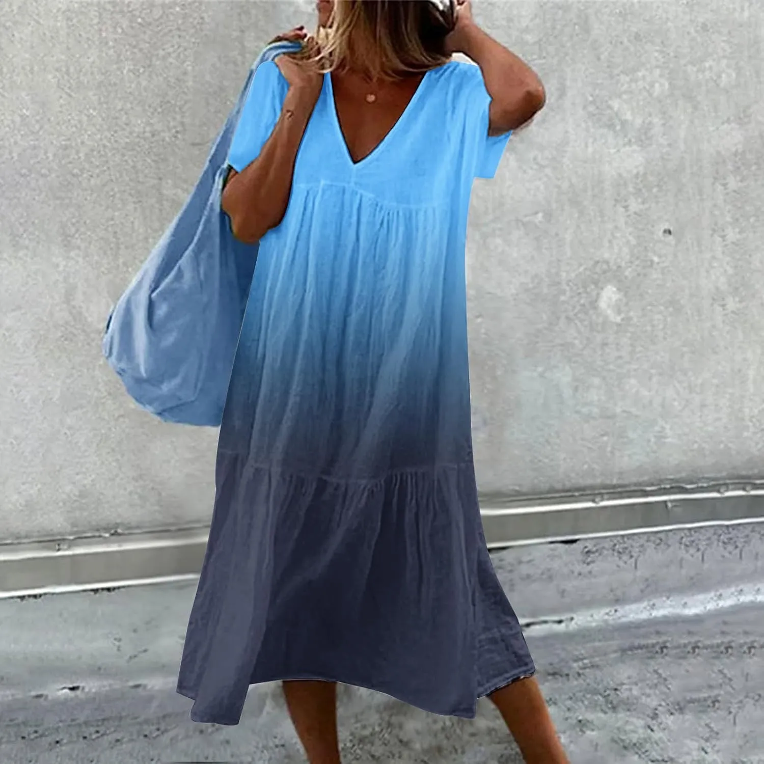 Dresses for Women 2024 Casual Tiered Gradient Summer Flowy Dresses V Neck Short Sleeve Loose Maxi Sundress Dresses