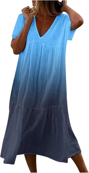 Dresses for Women 2024 Casual Tiered Gradient Summer Flowy Dresses V Neck Short Sleeve Loose Maxi Sundress Dresses