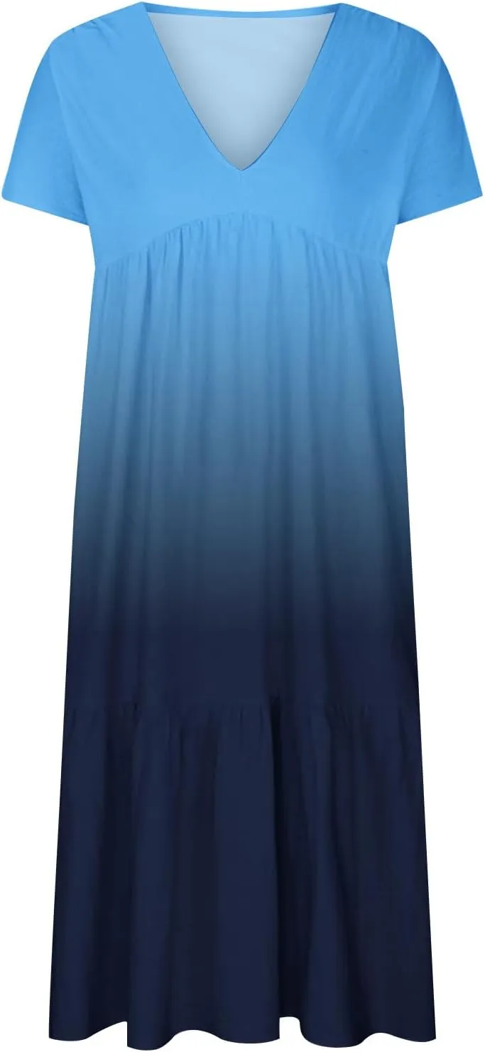 Dresses for Women 2024 Casual Tiered Gradient Summer Flowy Dresses V Neck Short Sleeve Loose Maxi Sundress Dresses