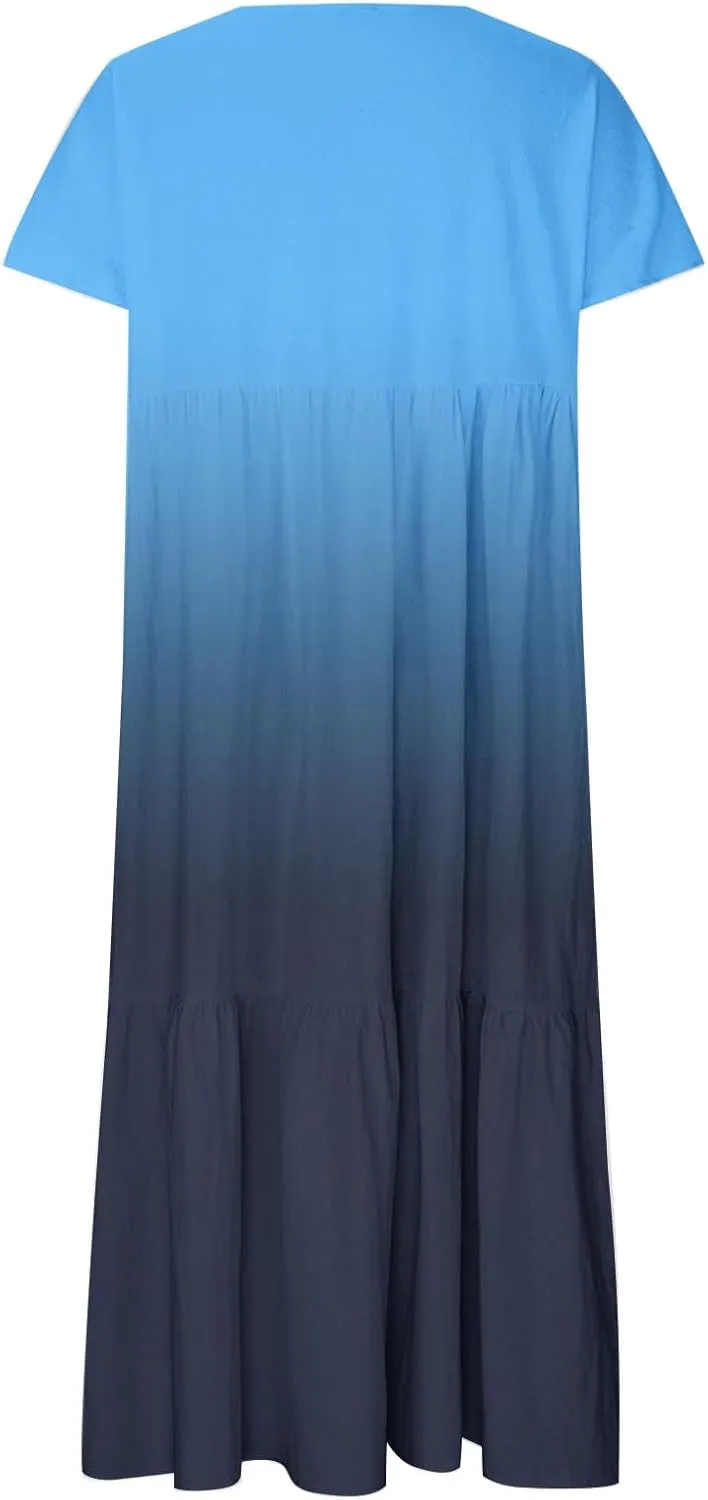 Dresses for Women 2024 Casual Tiered Gradient Summer Flowy Dresses V Neck Short Sleeve Loose Maxi Sundress Dresses