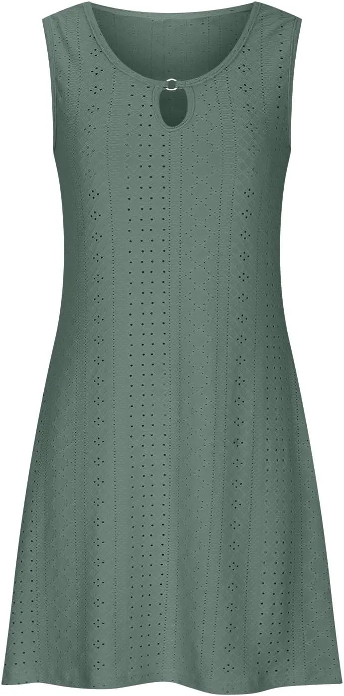 Dresses for Women 2024 Elegant Hollow Out Sleeveless Solid Eyelet Midi Dress Summer Casual Tank Sundress Beach Party
