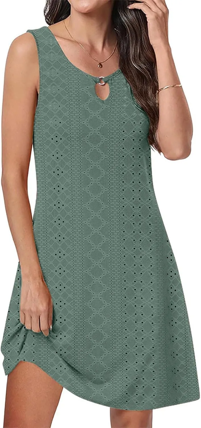 Dresses for Women 2024 Elegant Hollow Out Sleeveless Solid Eyelet Midi Dress Summer Casual Tank Sundress Beach Party