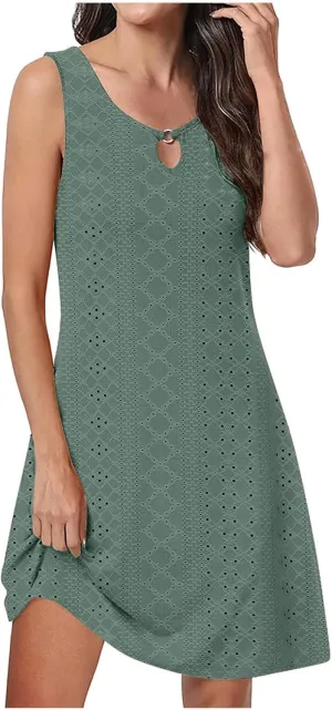 Dresses for Women 2024 Elegant Hollow Out Sleeveless Solid Eyelet Midi Dress Summer Casual Tank Sundress Beach Party