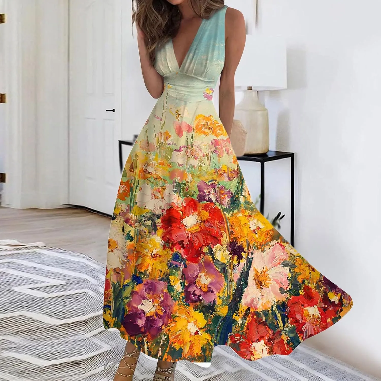 Dresses for Women 2024,Women's Maxi Dress Sleeveless Casual Flowy Swing Dress Floral Print Fashion Daily Sundresses