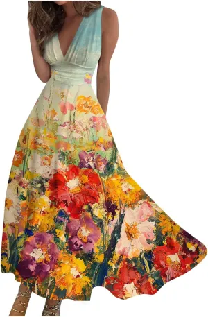 Dresses for Women 2024,Women's Maxi Dress Sleeveless Casual Flowy Swing Dress Floral Print Fashion Daily Sundresses