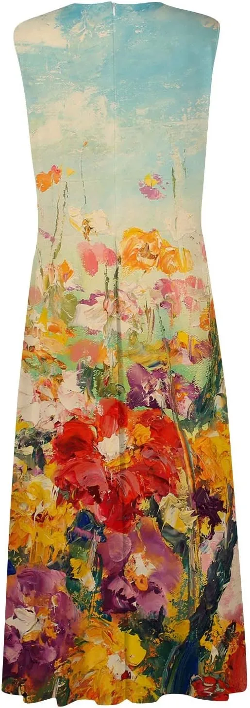 Dresses for Women 2024,Women's Maxi Dress Sleeveless Casual Flowy Swing Dress Floral Print Fashion Daily Sundresses