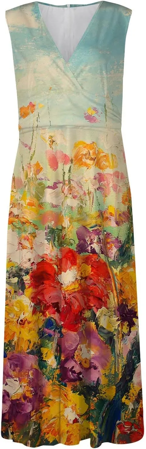 Dresses for Women 2024,Women's Maxi Dress Sleeveless Casual Flowy Swing Dress Floral Print Fashion Daily Sundresses