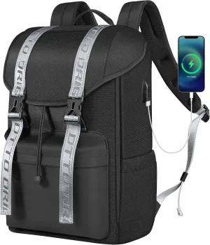 DTTO Travel Laptop Backpack, Water Resistant Backpack with USB Charging Port, Anti-Theft Flap Vintage College Computer Backpack Business Work Bag Fits 15.6 Inch Notebook for Men and Women, 23L Black