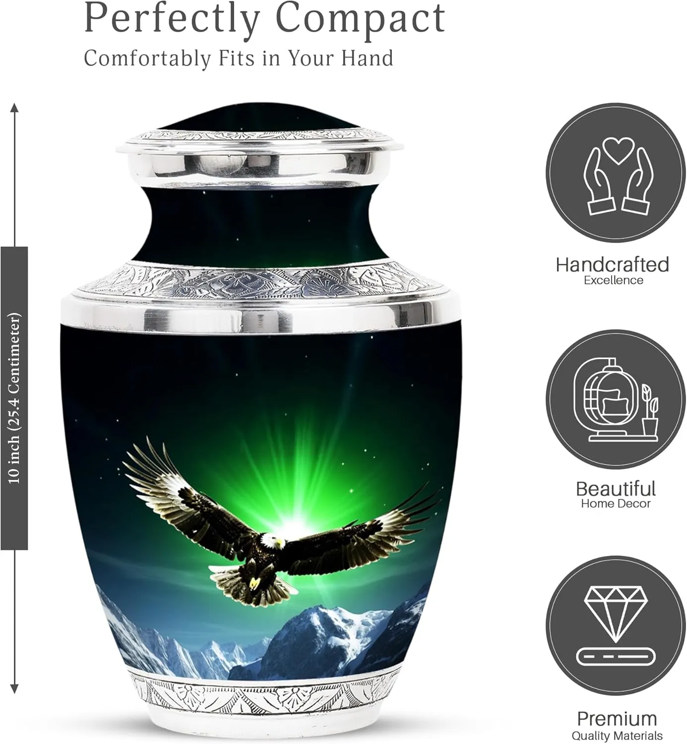 Eagle in Northern Lights - 10" Extra Large Urn - Northern Lights Urn with Eagle - Burial Urns for Cremated Remains, Cremation Urns - Ash Holders for Human Ashes (with Bag)