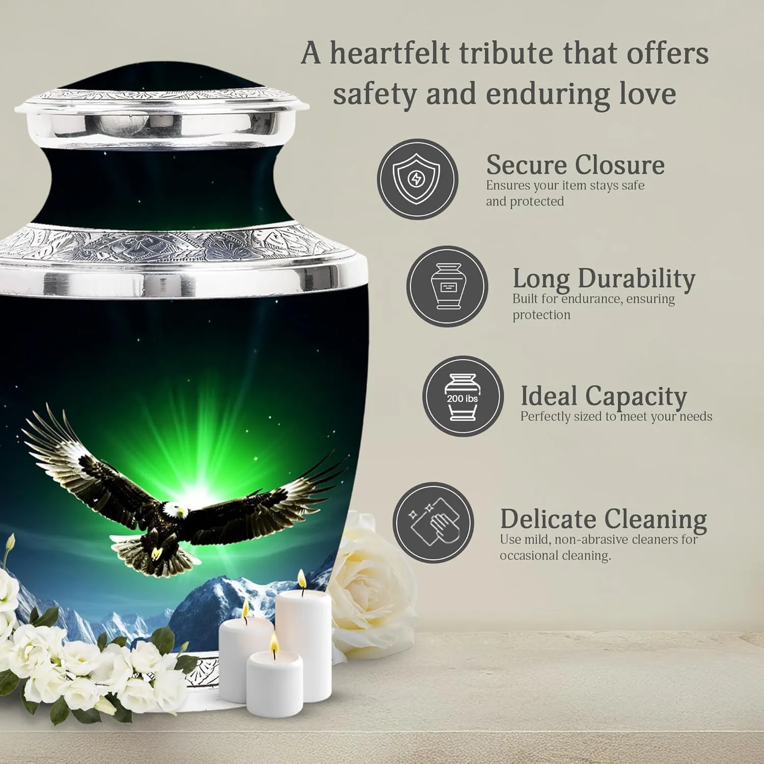 Eagle in Northern Lights - 10" Extra Large Urn - Northern Lights Urn with Eagle - Burial Urns for Cremated Remains, Cremation Urns - Ash Holders for Human Ashes (with Bag)